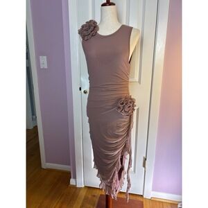 SHEIN MOD Mauve Mesh Ruched Rosette Asymmetrical Ruffle Midi Dress Medium NWT